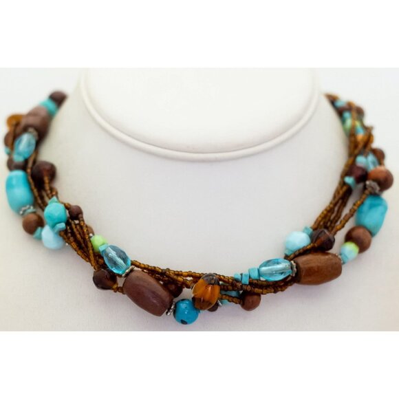 16 inch, Vintage Blue & Brown Beads Unique Choker Necklace - T26 - Picture 2 of 3